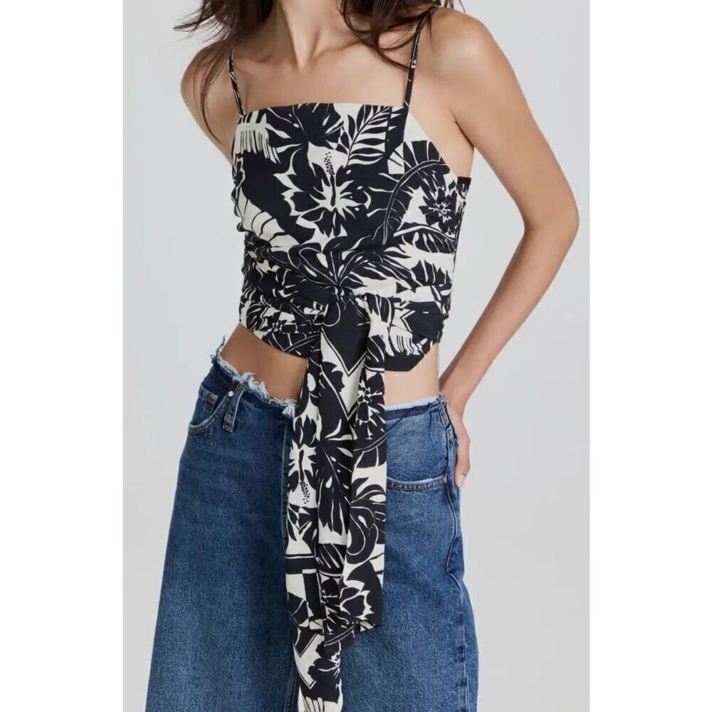 Le Superbe size S Luau Wrap Up Tube Top Black White Tropical Floral Crop New